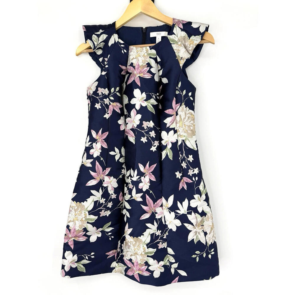 Women's Nordstrom 1901 Dress Size 4 Petite Sleeveless Blue Floral Knit Gold Mini